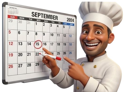 Chef mascot pointing at a calendar